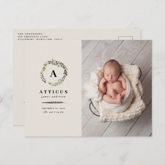 素朴な群葉のリースの写真の誕生の発表 案内ポストカード (正面/裏面)