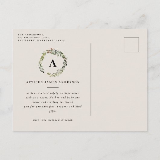 素朴な群葉のリースの写真の誕生の発表 案内ポストカード (裏面)