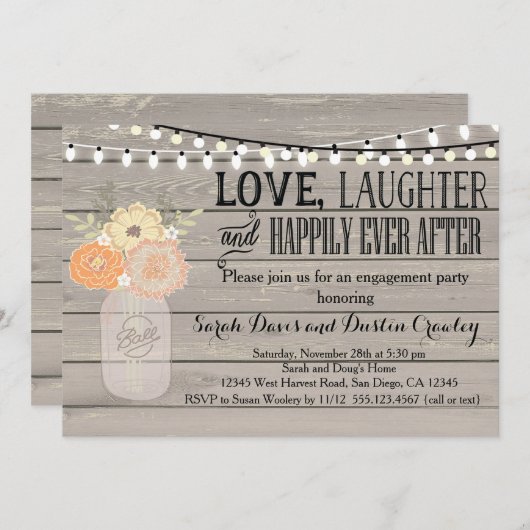 素朴な花のオレンジ婚約パーティの招待状 招待状 (正面/裏面)