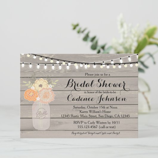 素朴な花のオレンジ黄色のブライダルシャワーの招待 招待状 (スタンド正面)