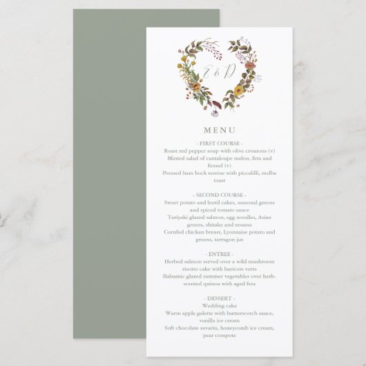 素朴な花のセージグリーン結婚式のディナー メニュー (正面/裏面)