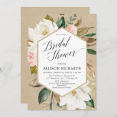 素朴な花のピンクの白いマグノリアのブライダルシャワー 招待状 (正面/裏面)
