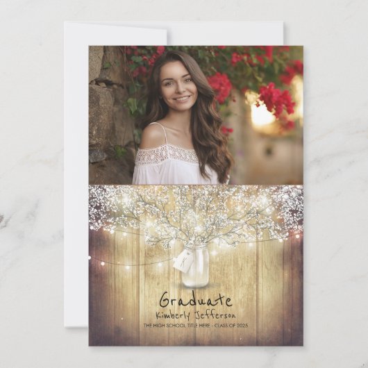 素朴な花のメーソンジャーの写真の卒業パーティー 招待状 (正面)