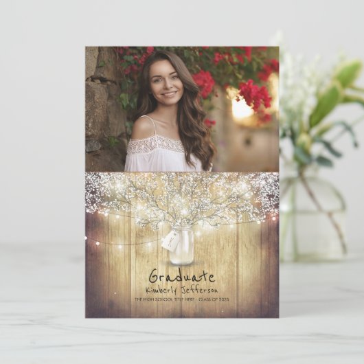 素朴な花のメーソンジャーの写真の卒業パーティー 招待状 (スタンド正面)