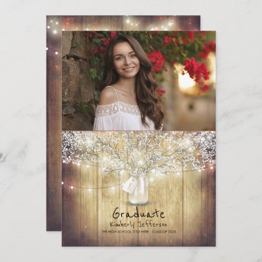 素朴な花のメーソンジャーの写真の卒業パーティー 招待状 (正面/裏面)