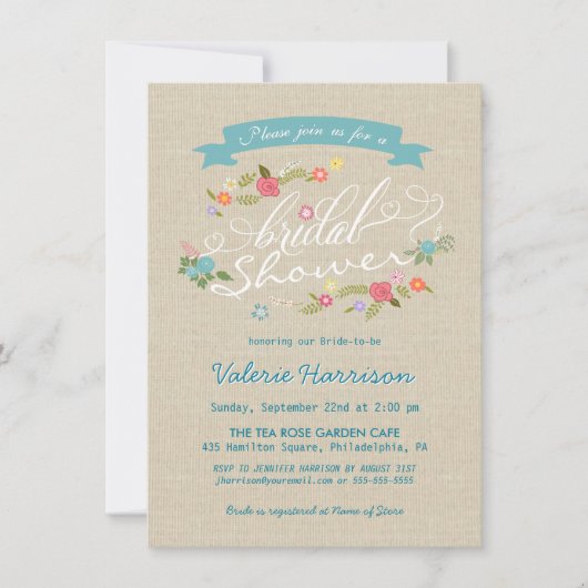 素朴な花のリースのバーラップのブライダルシャワーの招待 招待状 (正面)