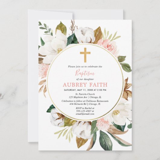 素朴な花のリースの赤面のピンクの白い女の子の洗礼 招待状 (正面)