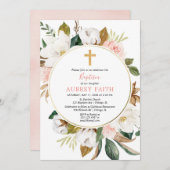 素朴な花のリースの赤面のピンクの白い女の子の洗礼 招待状 (正面/裏面)