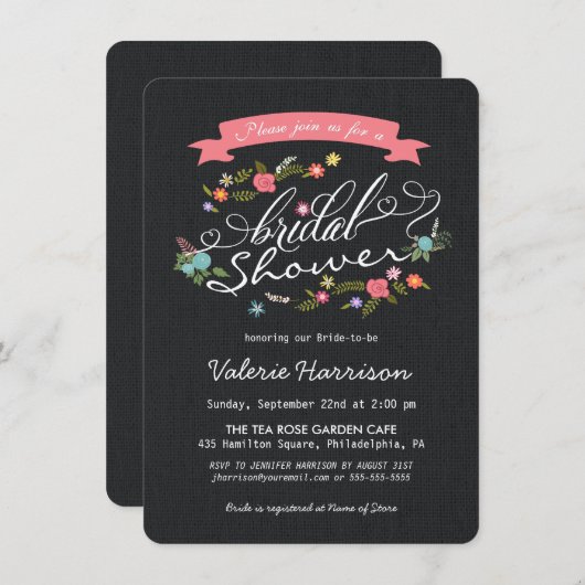 素朴な花のリースの黒のバーラップのブライダルシャワー 招待状 (正面/裏面)