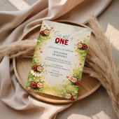 素朴な花のレディバグ 1歳の誕生日 招待状