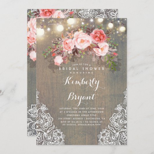 素朴な花のレースは木製のブライダルシャワーをつけます 招待状 (正面/裏面)