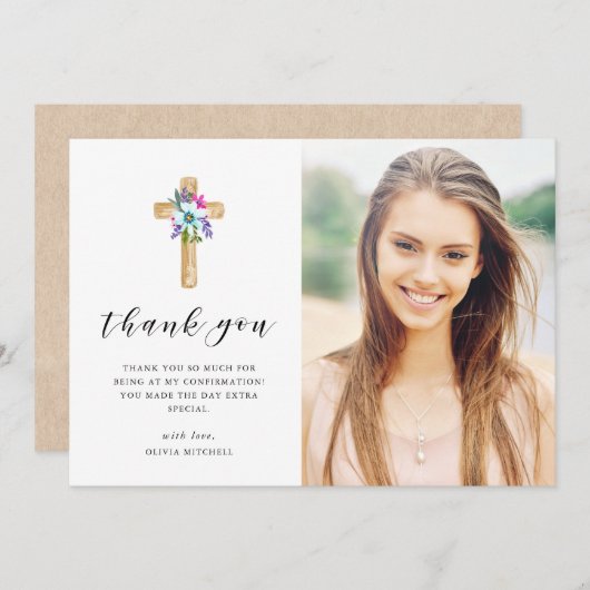 素朴な花の十字のクラフトの一見の写真の確認 サンキューカード (正面/裏面)