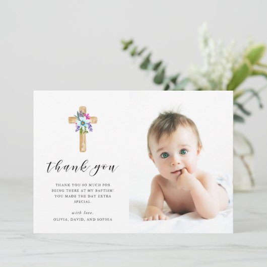 素朴な花の十字のクラフトの一見|の写真の洗礼 サンキューカード (スタンド正面)