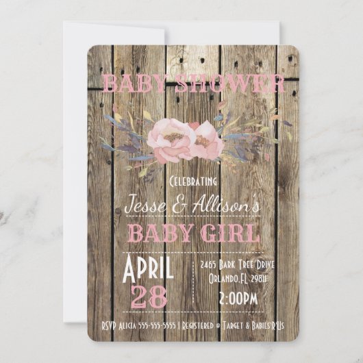 素朴な花の女の赤ちゃんのベビーシャワーの招待状 招待状 (正面)