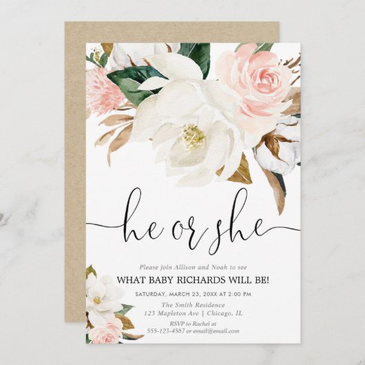 素朴な花の性は、白いピンクのマグノリア明らかにします 招待状 (正面/裏面)