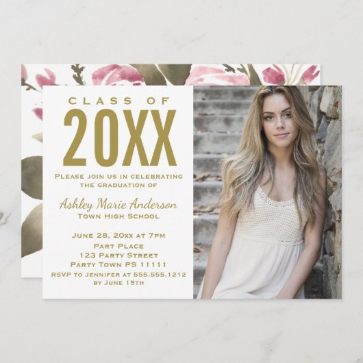 素朴な花の水彩画　卒業パーティーの写真 招待状 (正面/裏面)