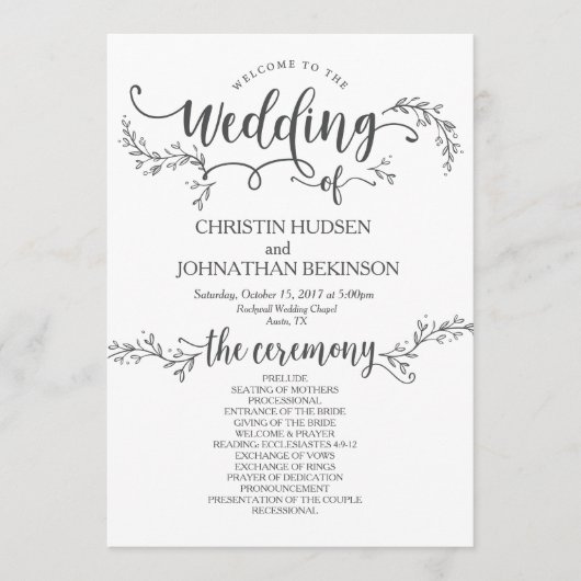 素朴な花の結婚式のプログラム・カード5x7のデザイン プログラム (正面)