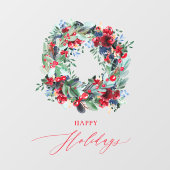 素朴な花の赤いクリスマスリース　ハッピーホリデー ウィンドウサイン (シート)