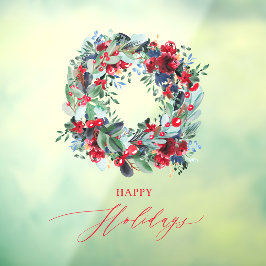 素朴な花の赤いクリスマスリース 幸せなホリデー ウィンドウサイン