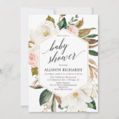 素朴な花の赤面のピンクの緑の草木はベビーシャワー落ちます 招待状 (正面)