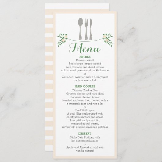 素朴な花の食事用器具類のリハーサルの夕食メニューカード 招待状 (正面/裏面)