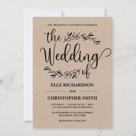 素朴な花の飾りが付いたクラフト紙の結婚式 招待状 (正面)