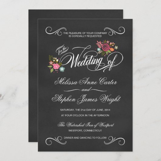 素朴な花の黒板の結婚式招待状 招待状 (正面/裏面)
