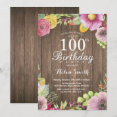 素朴な花の100歳の誕生日招待状(女性用) 招待状 (正面/裏面)