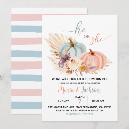 素朴な花柄のパンプキン ベビー 性別発表 招待状 (正面/裏面)