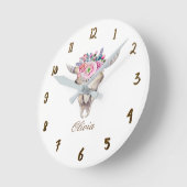 素朴な花柄の牛の頭蓋骨の角が付いた、女の子らしいパーソナライズされたアイテム ラウンド壁時計 (傾斜)