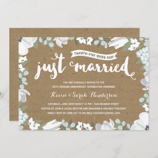 素朴な花柄の第25結婚記念日のパーティー 招待状 (正面/裏面)