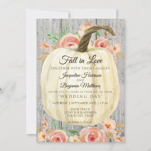 素朴な花模様のオレンジ色のカボチャとコーラルピンクのバラのグレーウッド 招待状 (正面)