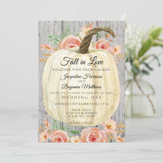 素朴な花模様のオレンジ色のカボチャとコーラルピンクのバラのグレーウッド 招待状 (スタンド正面)