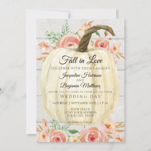 素朴な花模様のオレンジ色のカボチャとコーラルピンクの白い板壁 招待状 (正面)