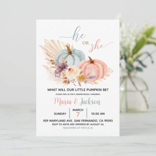 素朴な花模様のカボチャの赤ちゃん性別発表招待状 招待状 (スタンド正面)