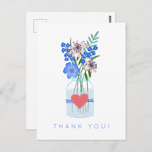 素朴な花模様のメイソンジャー ラブハート サンクス ポストカード (正面/裏面)