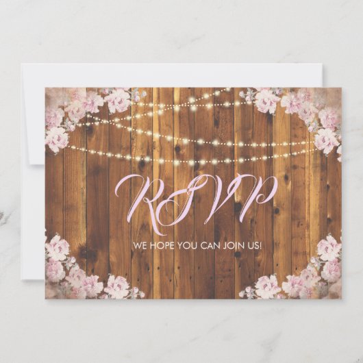 素朴な花模様のライトストリングス ウッド RSVP 返信カード 招待状 (正面)