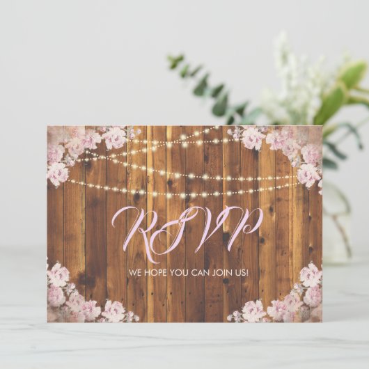 素朴な花模様のライトストリングス ウッド RSVP 返信カード 招待状 (スタンド正面)