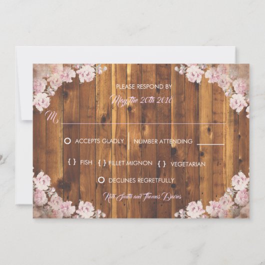 素朴な花模様のライトストリングス ウッド RSVP 返信カード 招待状 (裏面)