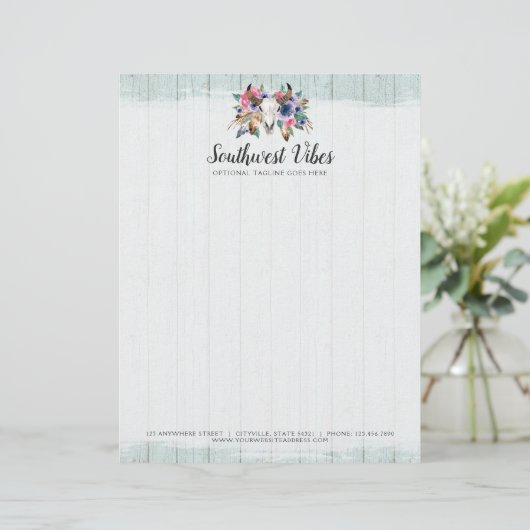 素朴な花牛スカルの水彩画の木製のBohoの上品 レターヘッド (スタンド正面)