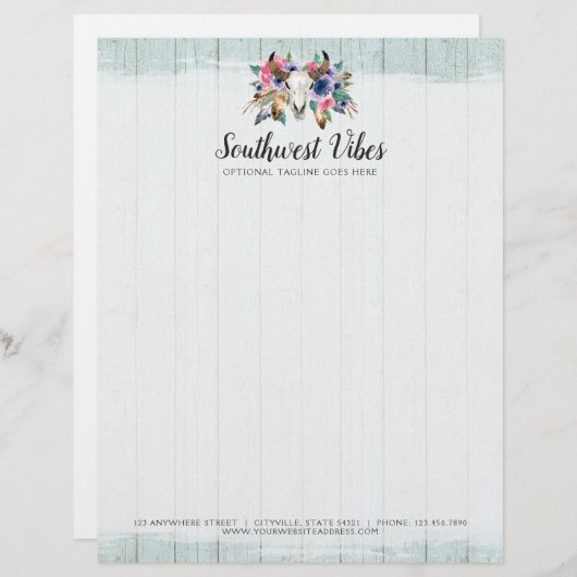素朴な花牛スカルの水彩画の木製のBohoの上品 レターヘッド (正面/裏面)