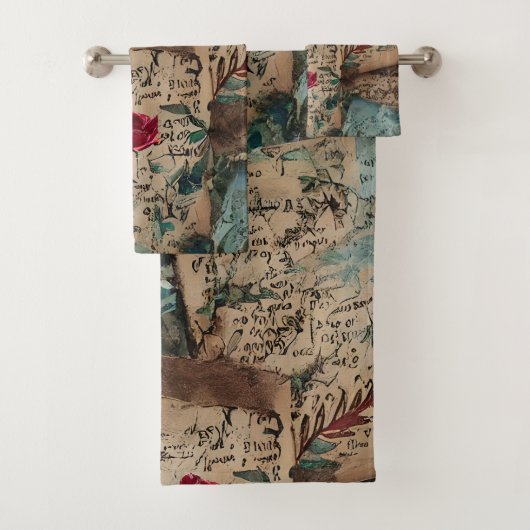 素朴な芸術的古い紙赤いバラ模様 バスタオルセット (インサイチュ)