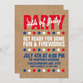 素朴な茶色のスタンプ 星型 7月4日パーティー 招待状 (正面/裏面)