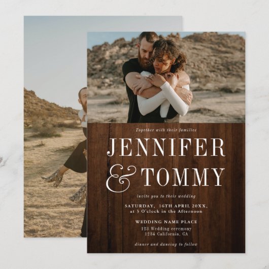 素朴な茶色の木材が印象的な秋の写真結婚式 招待状 (正面/裏面)