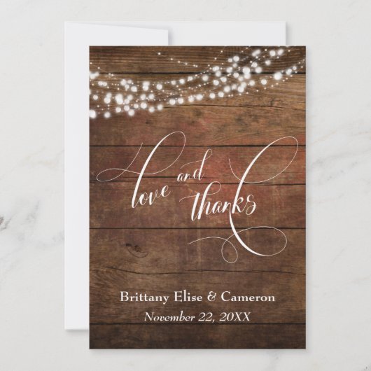 素朴な茶色の木目に白いライトのストリングス サンキューカード (正面)