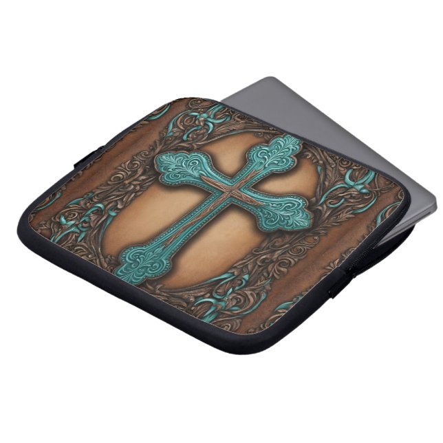 素朴な茶色の革の西のカントリークロス ラップトップスリーブ (正面上部)