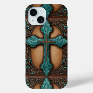 素朴な茶色の革の西のカントリークロス iPhone 15ケース
