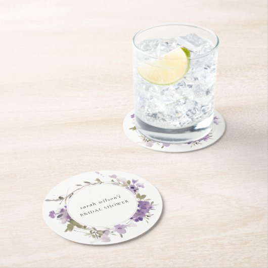 素朴な草原のライラックの花のリース ブライダルシャワー ラウンドペーパーコースター (インサイチュ)