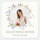 素朴な草原の花のリース フォト ブライダル シャワー スクエアシール (正面)