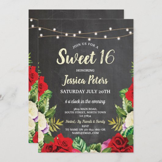 素朴な菓子16のパーティーのチョークの赤いバラの花 招待状 (正面/裏面)